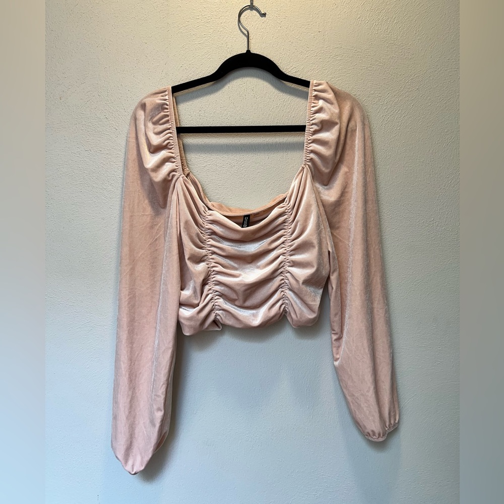 H&M Light Pink Velvet Cropped Peasant Blouse Women XL